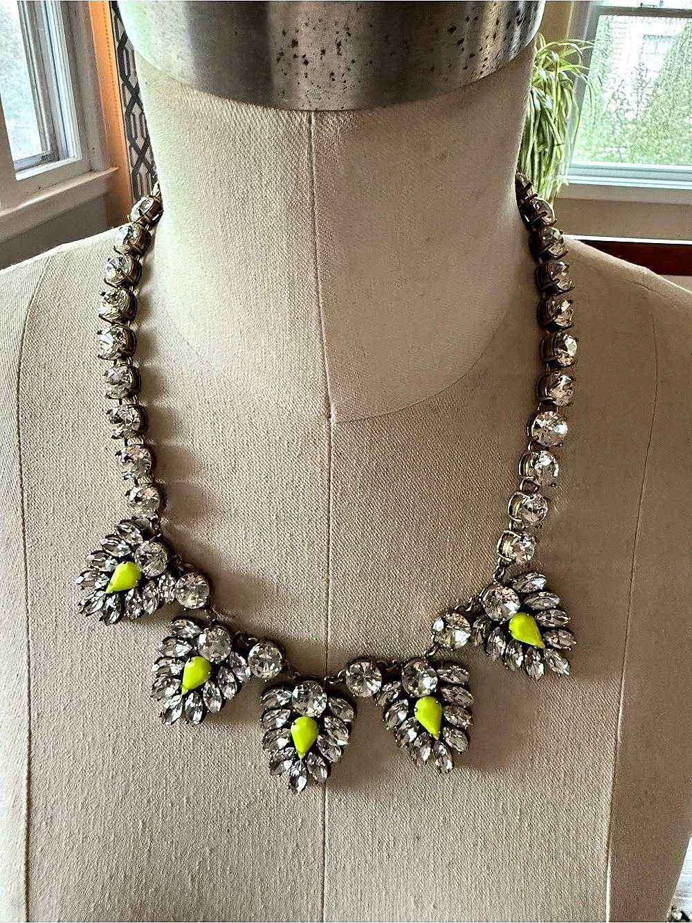 J.Crew Neon Yellow Crystal Cluster Statement Necklace Gray & Green